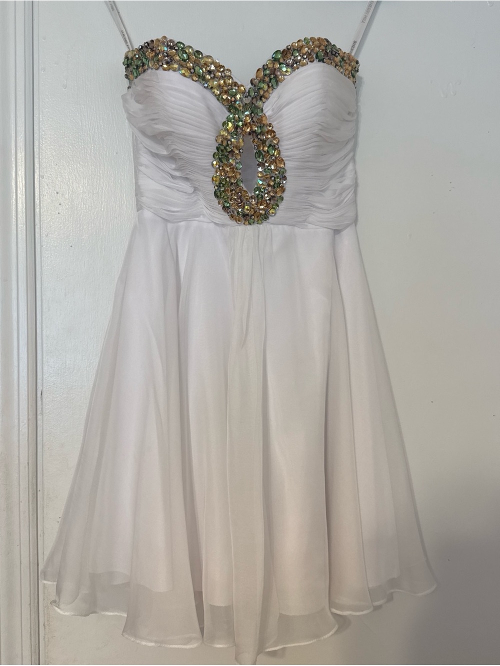 Sherri Hill White Mini Dress with Gold & Iridescent Embellishment